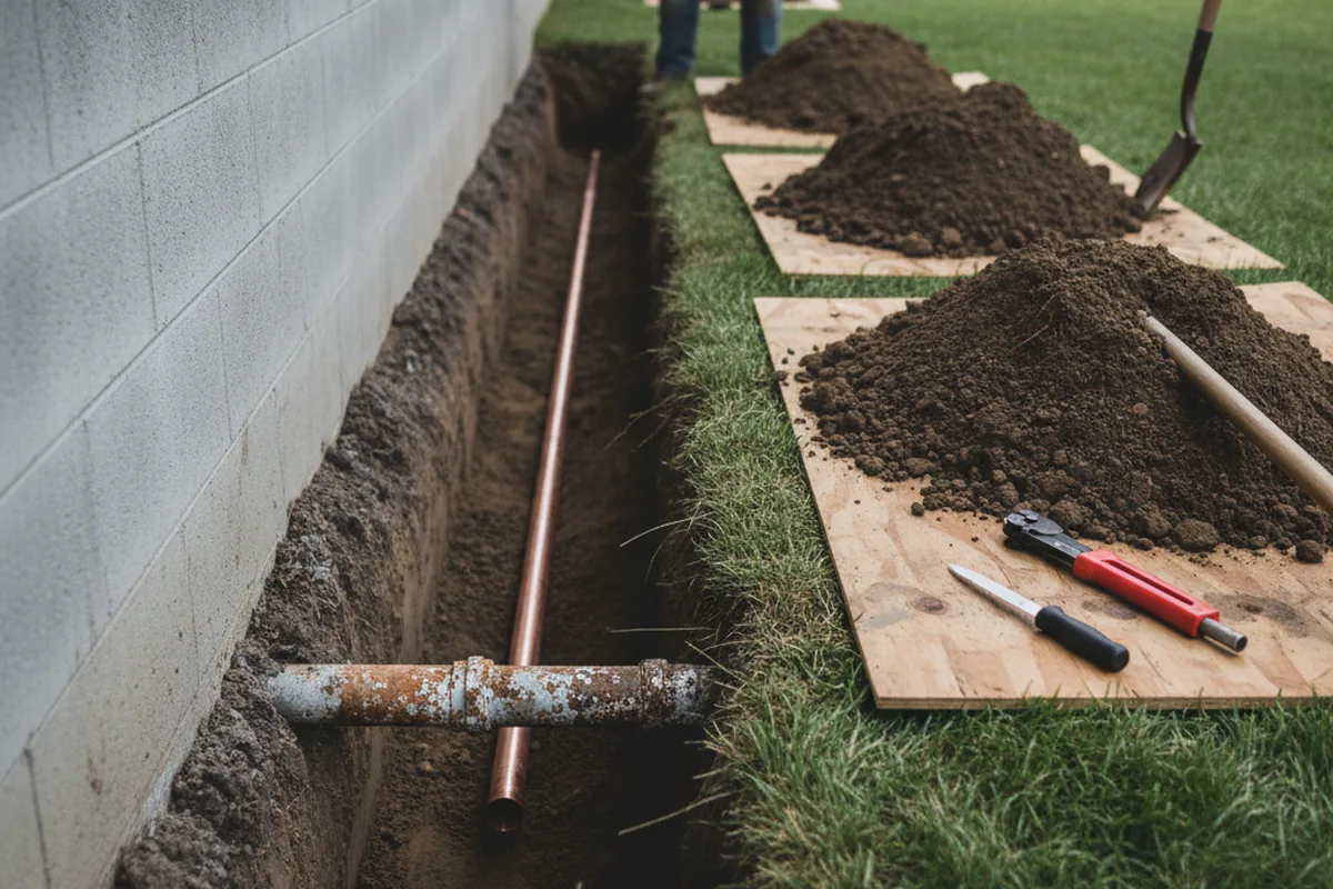 Excavated water line trench during Water Softener Installation in Thornville